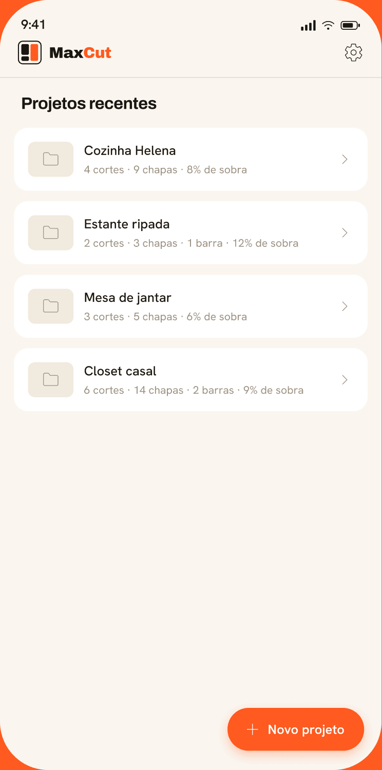 Lista de projetos de corte recentes no app MaxCut