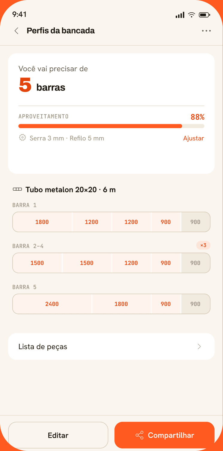Resultado de corte linear de barras de metal com 88% de aproveitamento