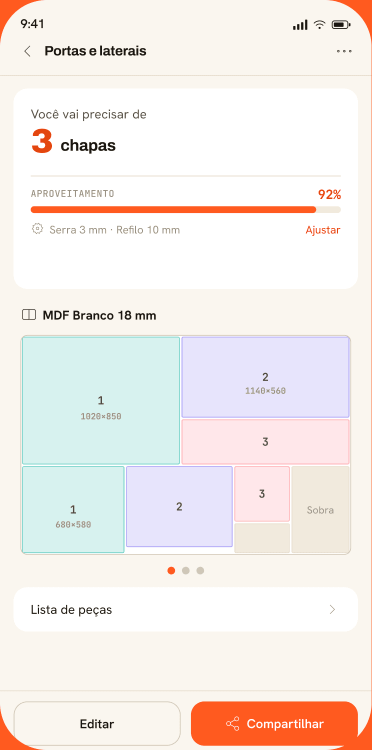 Résultat de découpe d'un panneau de MDF : schéma de nesting avec pièces numérotées et 92 % de rendement